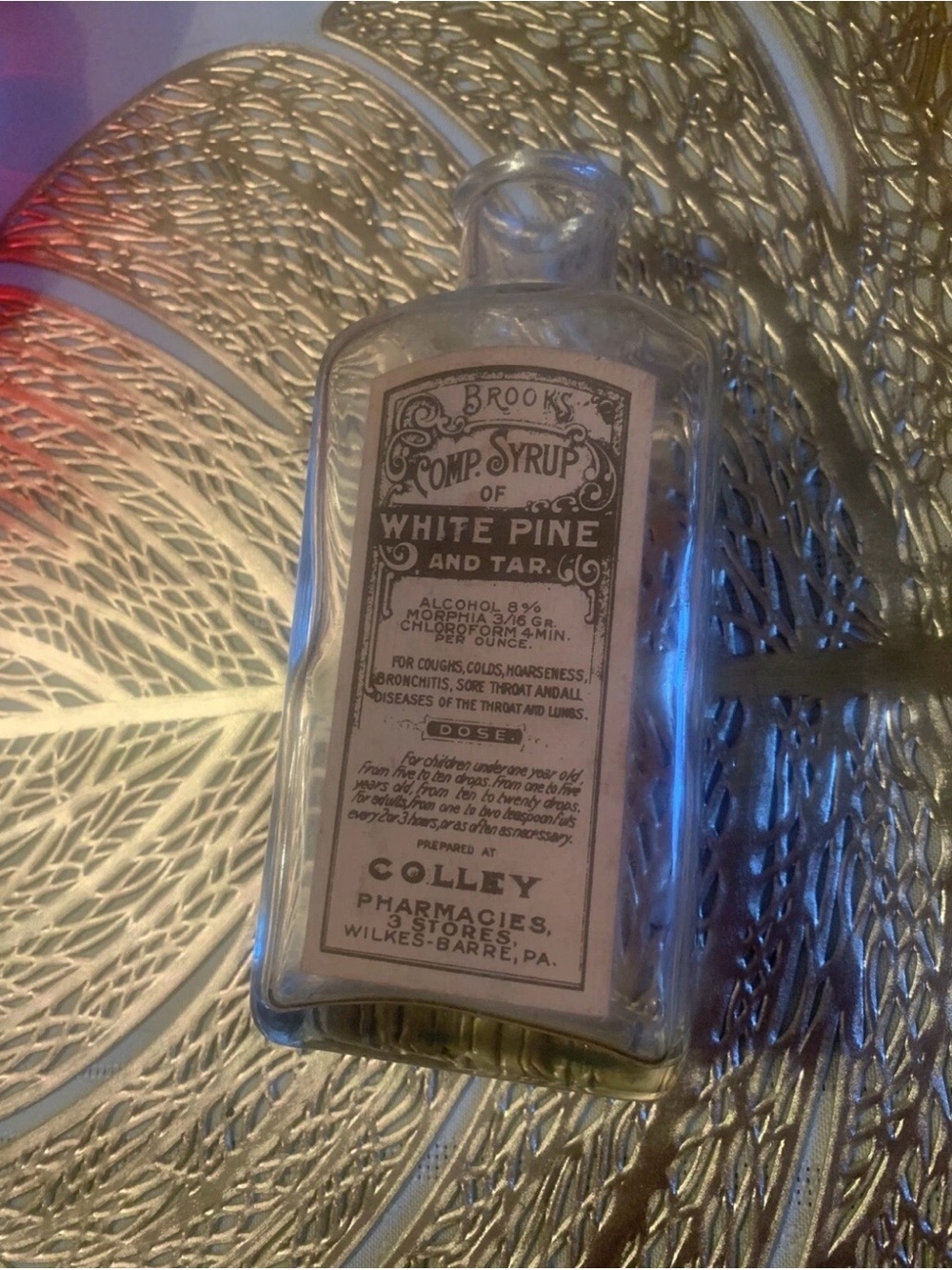 Brooks Clear Glass White Pine & Tar Bottle with Printed Label